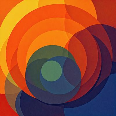 The primary subject of the image is a colorful, abstract artwork featuring a sun and a circle. The setting is a colorful background, and the visual style is a combination of digital art and illustration. The dominant colors in the artwork are orange, green, and blue, creating a vibrant and lively atmosphere.